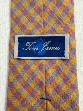 Tom James Men's 100% Linen Tie Plaid Gingham Orange Purple Check